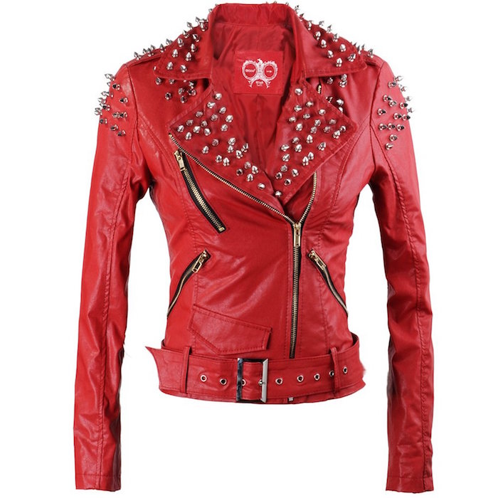 Celeks Women's Stylish Studded Deep V Lapel Moto Faux Leather Jacket